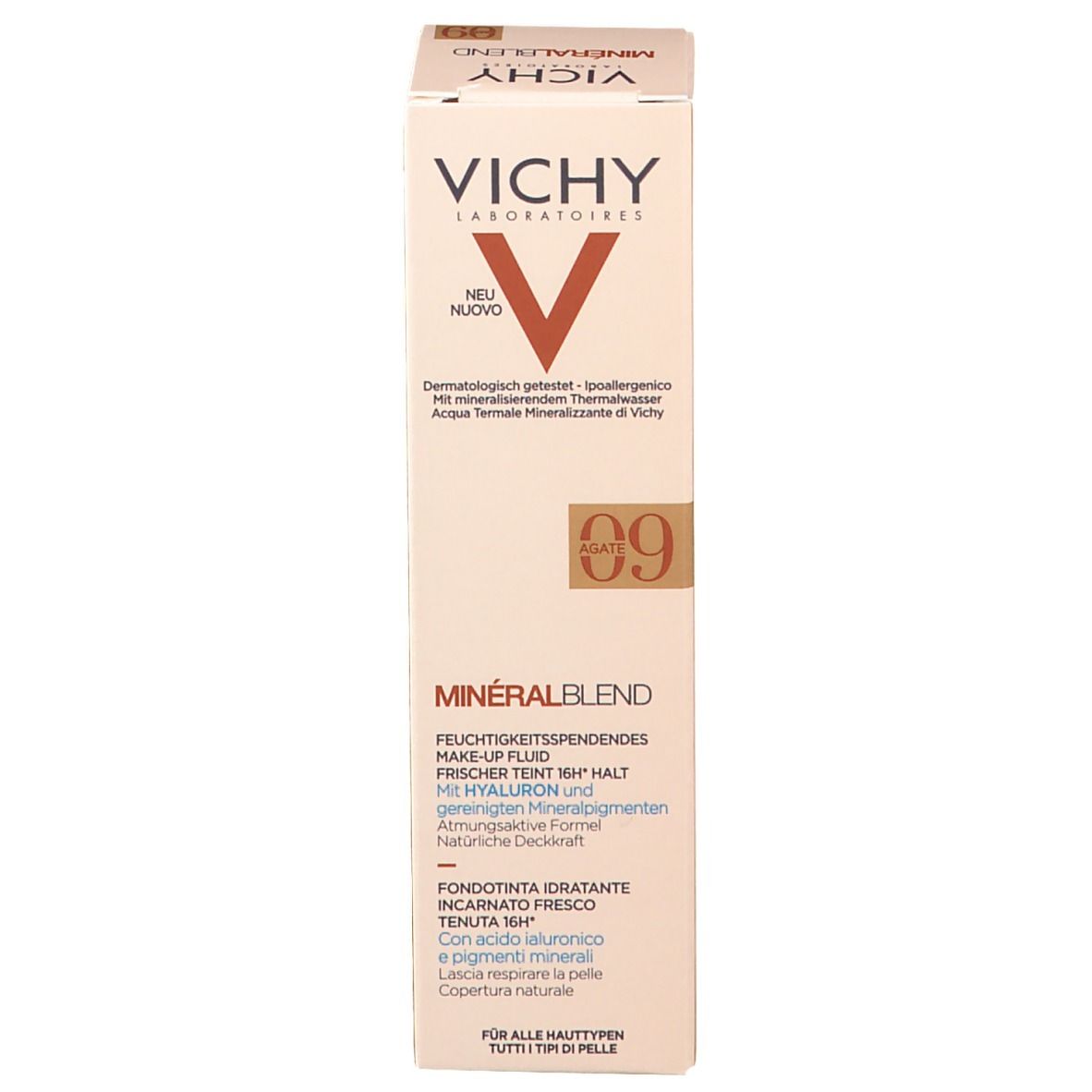 Karton VICHY Mineralblend. Aufschrift und Logo. Farbton 09 Agate. Produktinformationen.