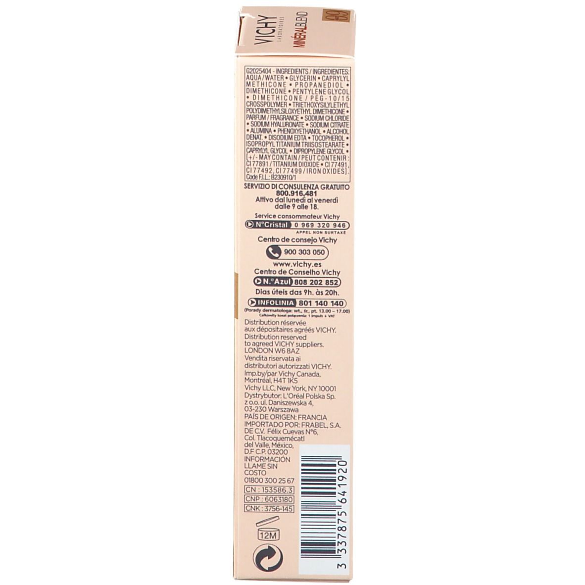 Seite Karton VICHY Mineralblend. Inhaltsstoffe, Kontaktinformationen, Barcode.