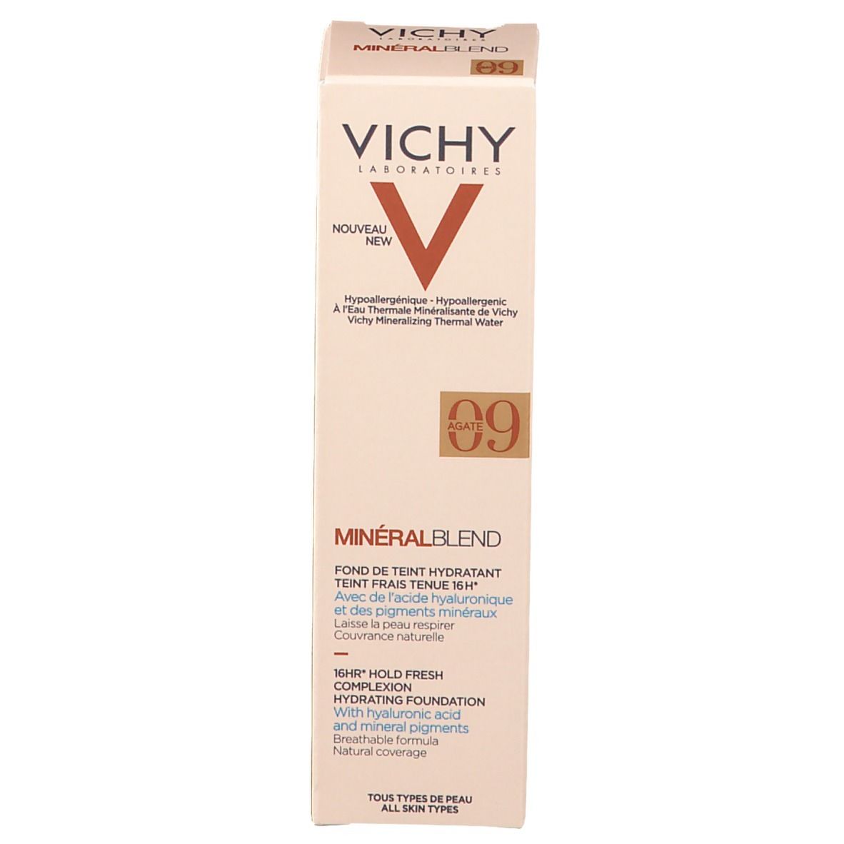 Karton VICHY Mineralblend. Aufschrift und Logo. Farbton 09 Agate. Produktinformationen.