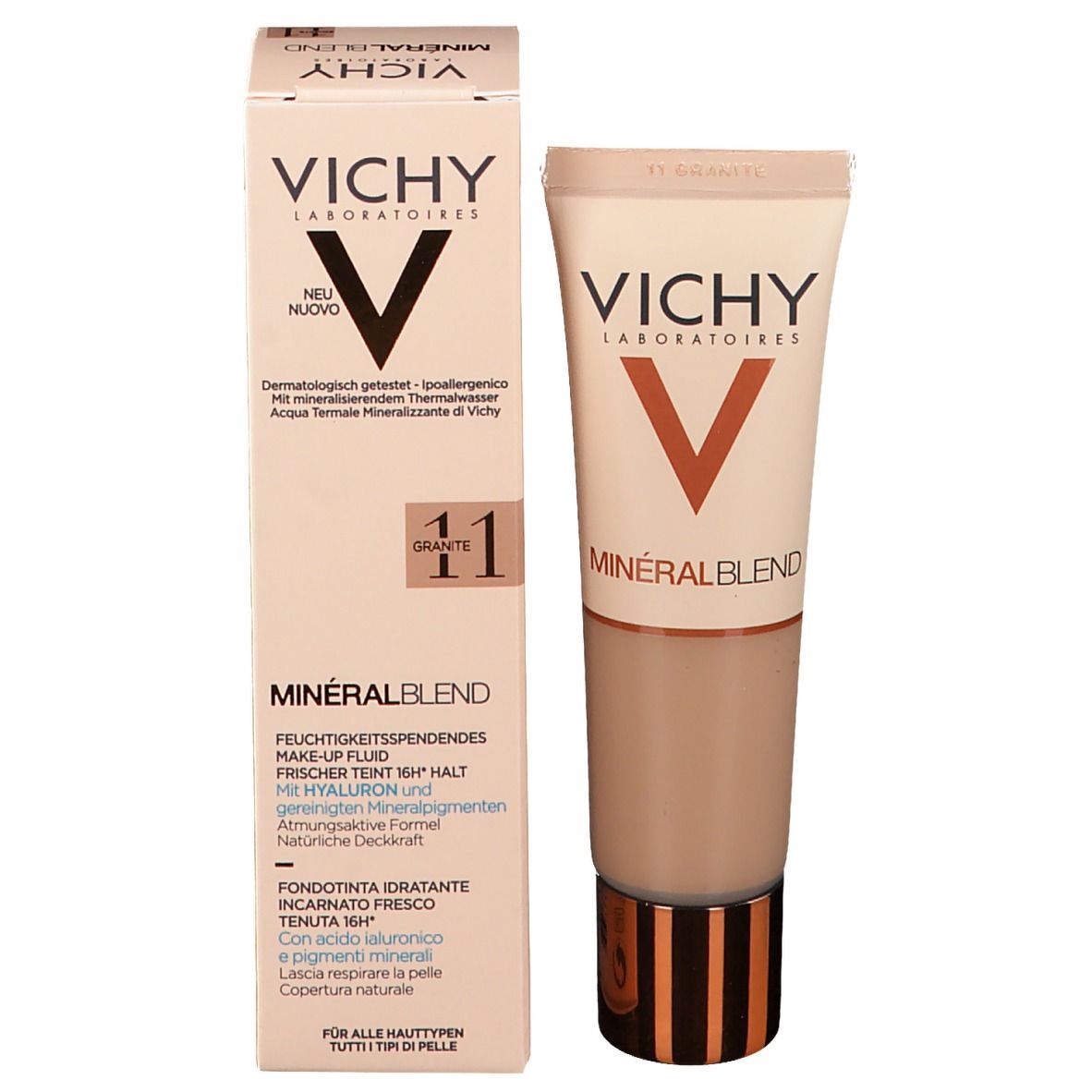 Emballage du produit avec tube et carton. Inscription VICHY Mineralblend Nr. 11 Granit.