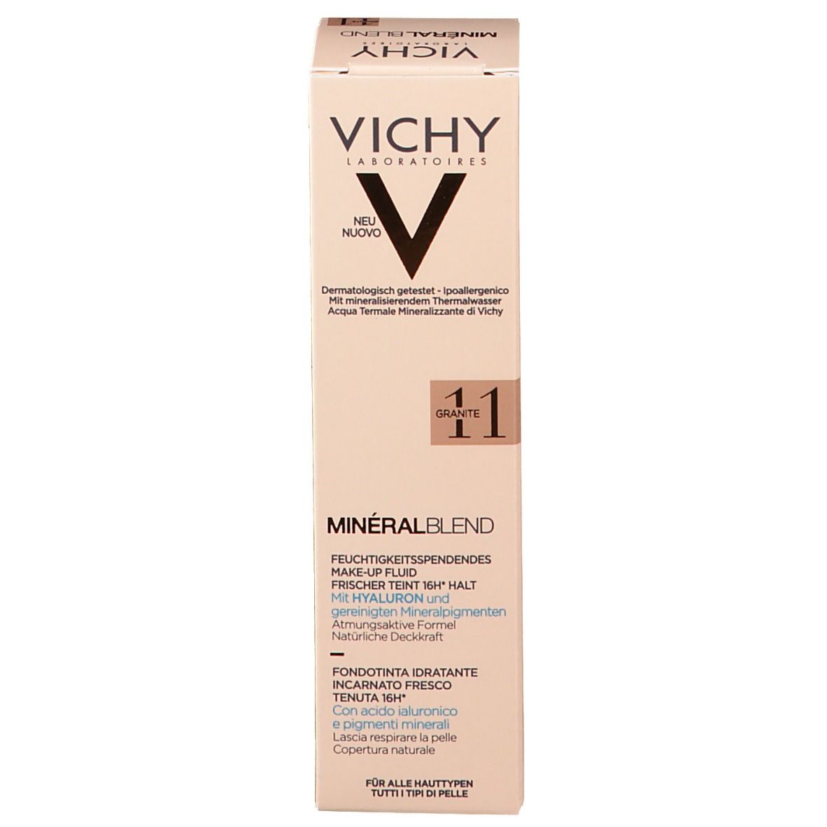 Emballage du produit avec carton. Inscription VICHY Mineralblend Nr. 11 Granit.