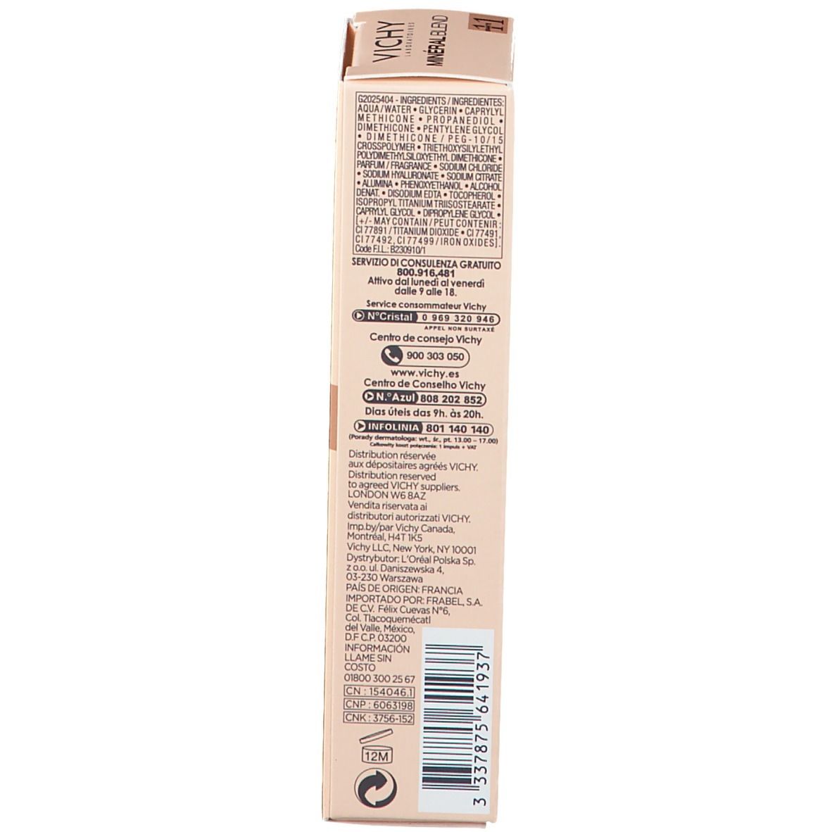Côté de l'emballage du produit avec ingrédients et informations.