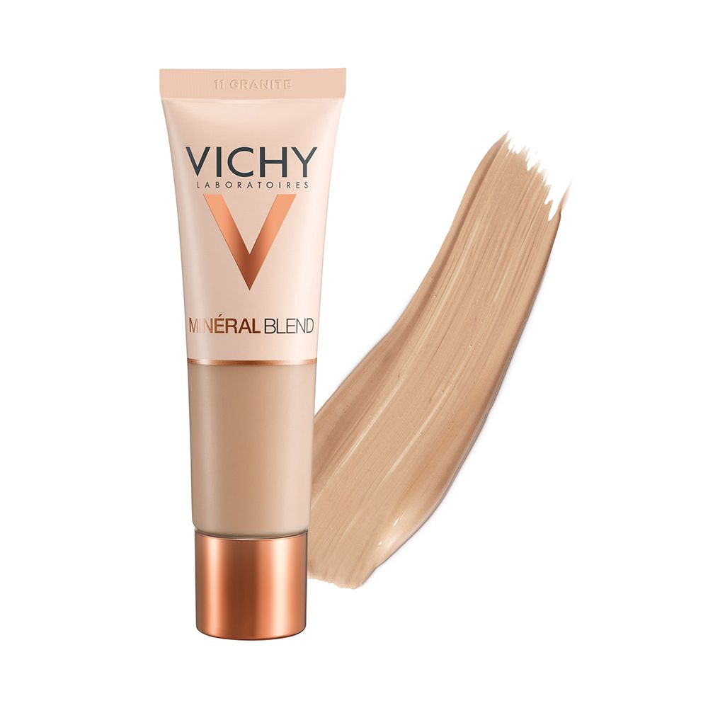 Tube beige avec inscription VICHY et Mineralblend. À côté, une tache de couleur.