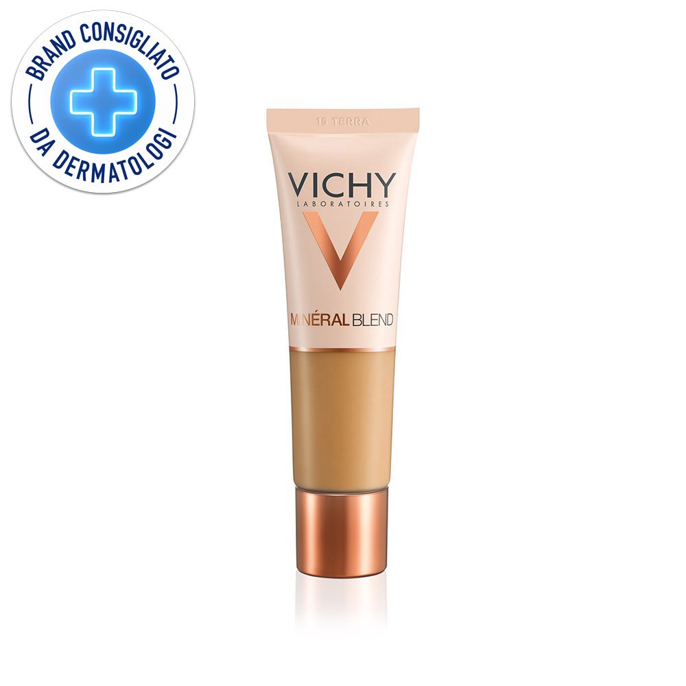 Vichy Mineralblend fondotinta idratante n. 15 terra. Tubo beige e marrone. Logo e sigillo.