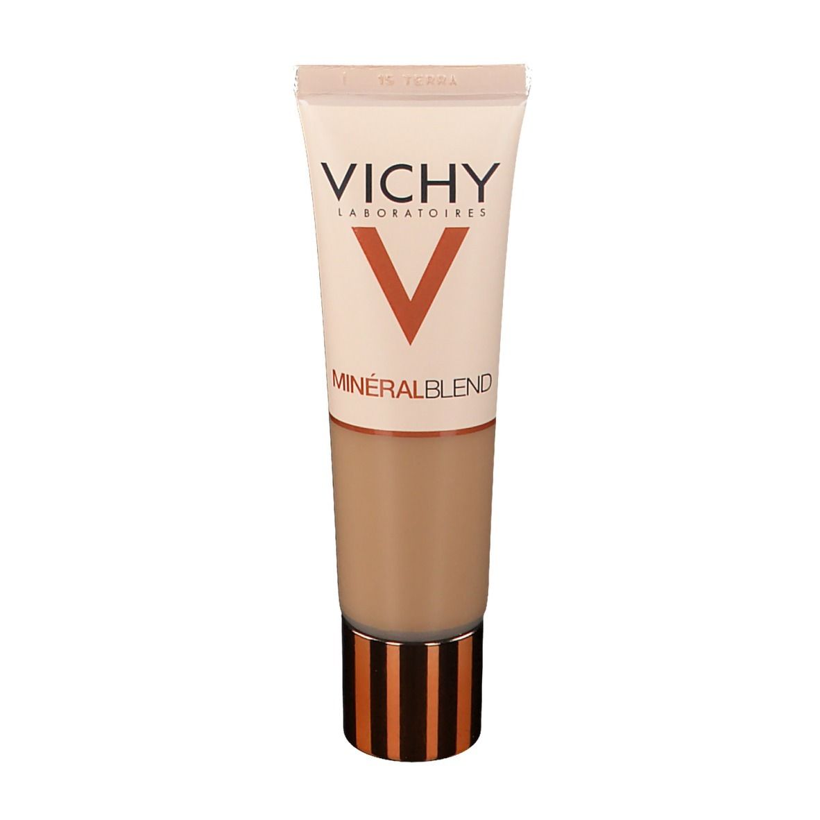 Vichy Mineralblend fondotinta idratante n. 15 terra. Tubo con prodotto. Logo e nome.