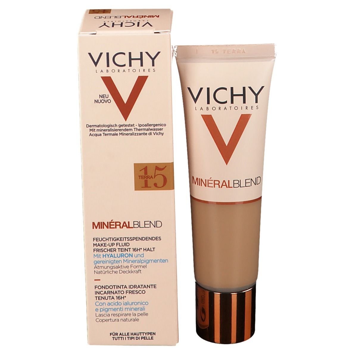 Vichy Mineralblend fondotinta idratante n. 15 terra. Tubo e confezione. Logo e testo.
