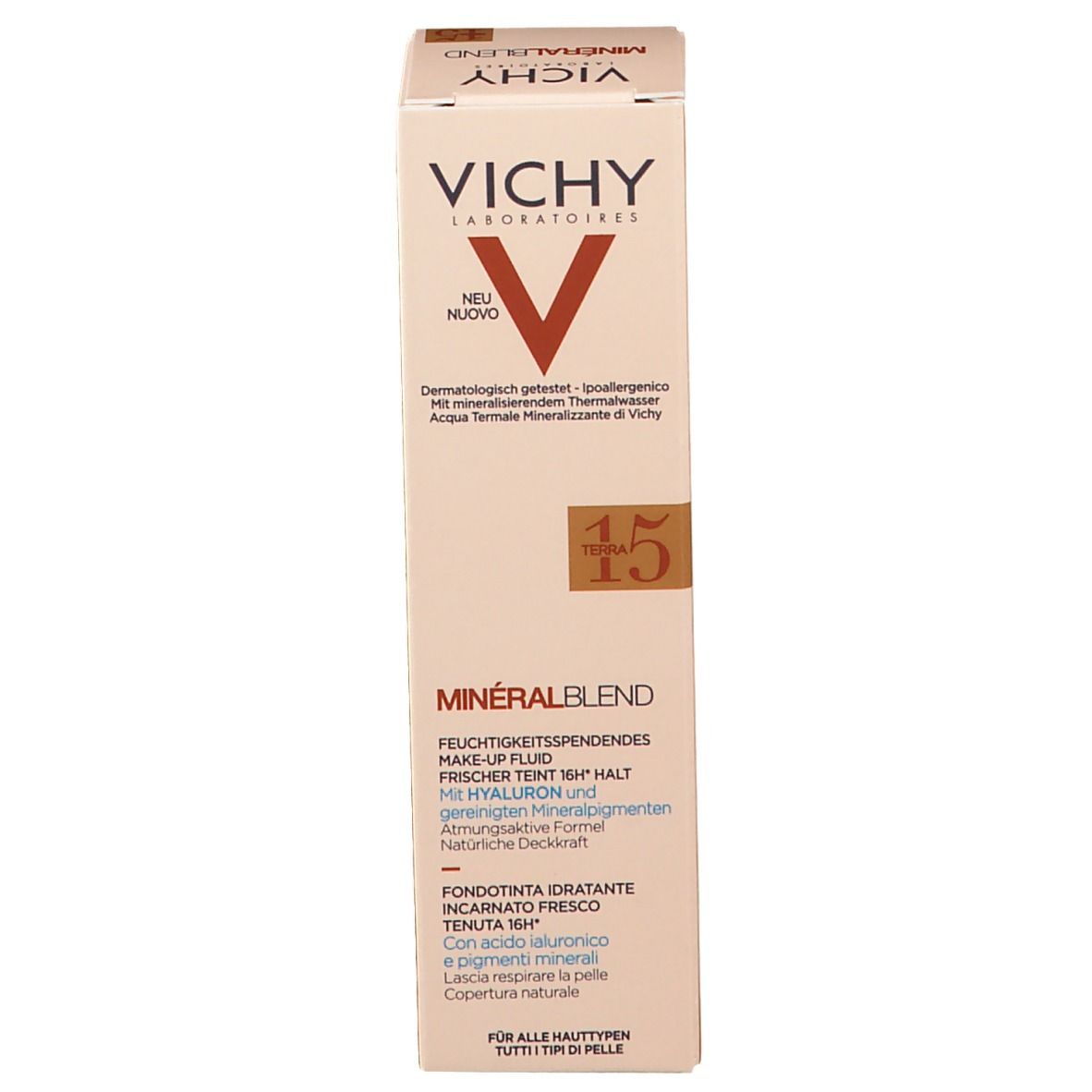 Vichy Mineralblend fondotinta idratante n. 15 terra. Confezione. Logo e testo.