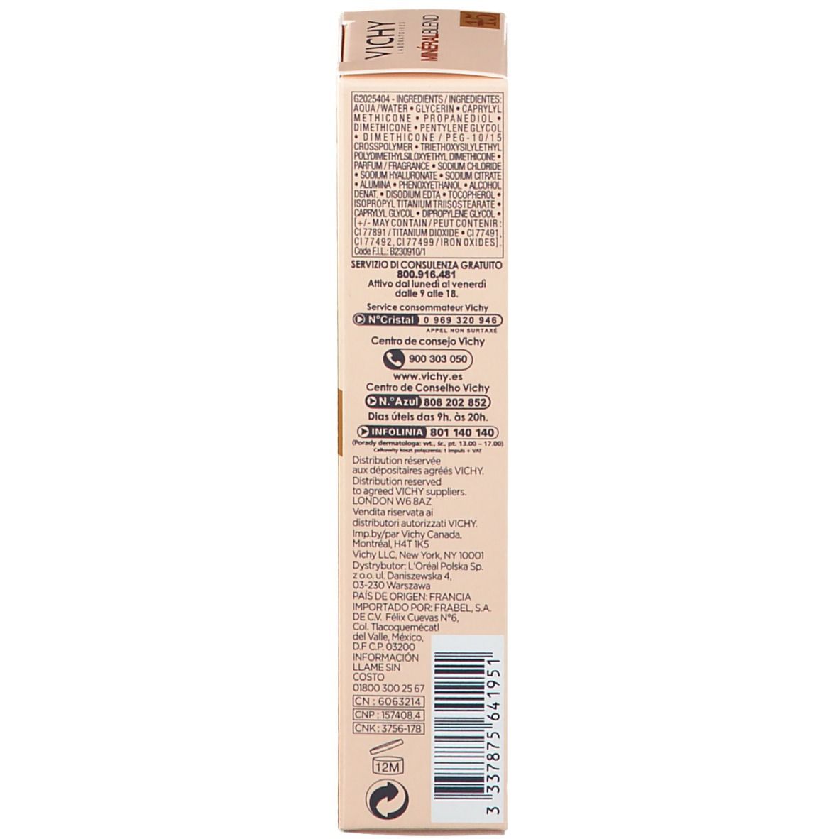 Retro della confezione di Vichy Mineralblend fondotinta idratante n. 15 terra. Testo e informazioni.
