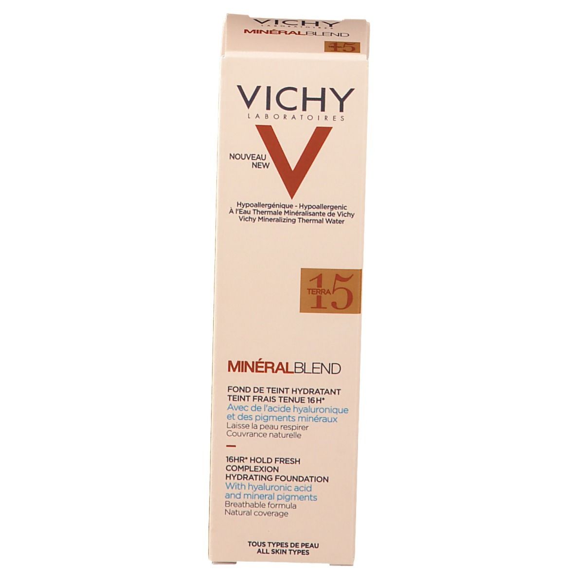 Vichy Mineralblend fondotinta idratante n. 15 terra. Confezione. Logo e testo.