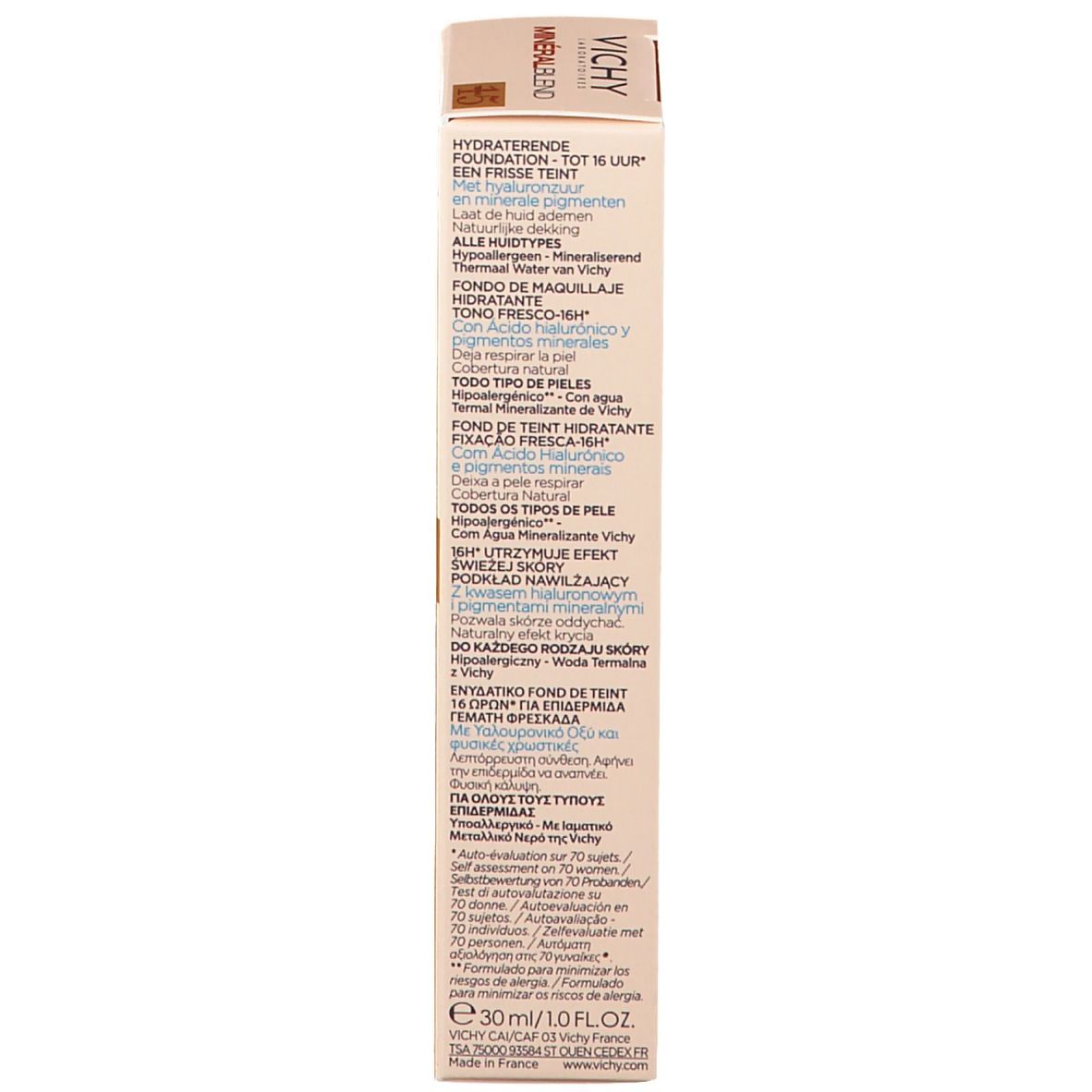 Retro della confezione di Vichy Mineralblend fondotinta idratante n. 15 terra. Testo e informazioni.
