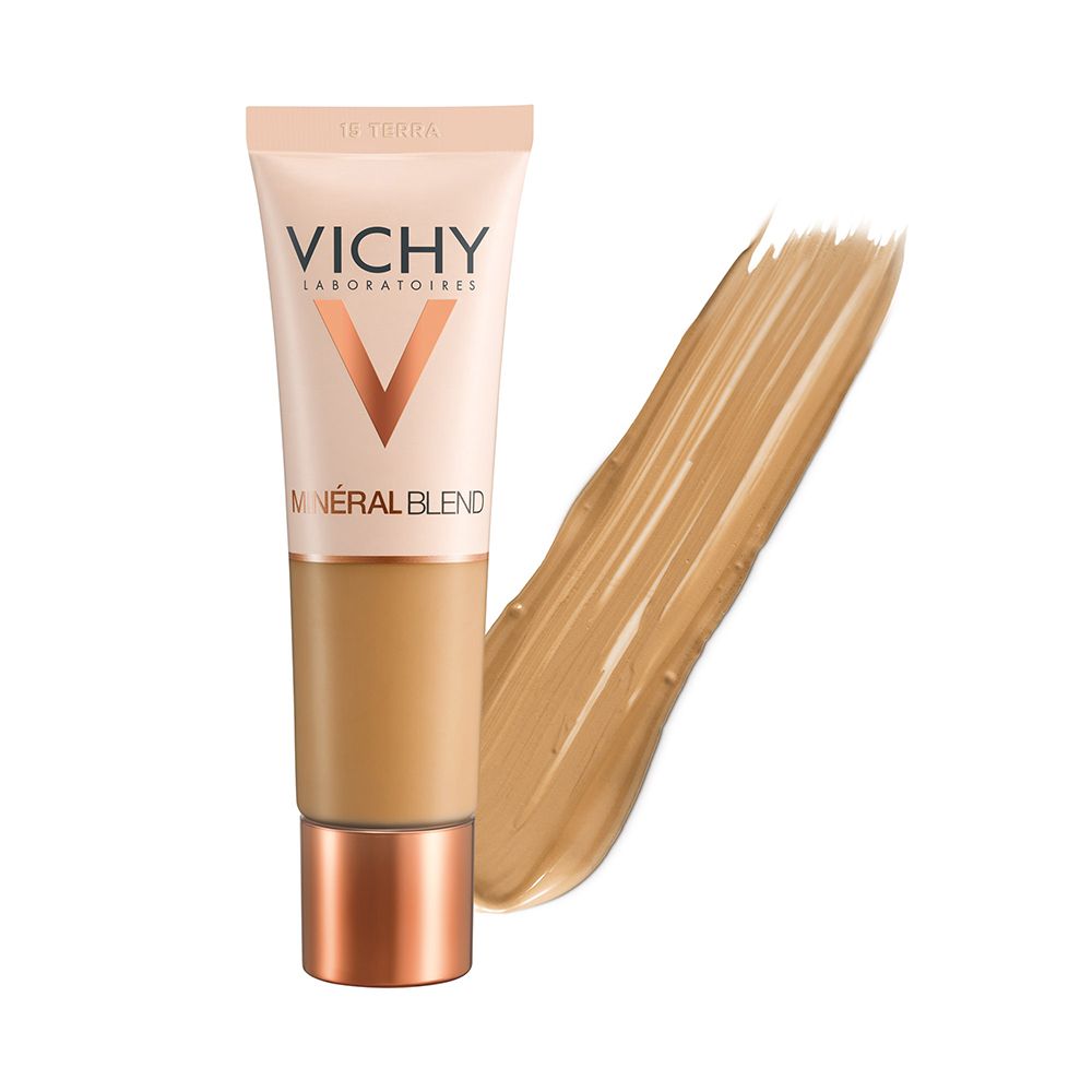 Vichy Mineralblend fondotinta idratante n. 15 terra. Tubo e campione. Logo.