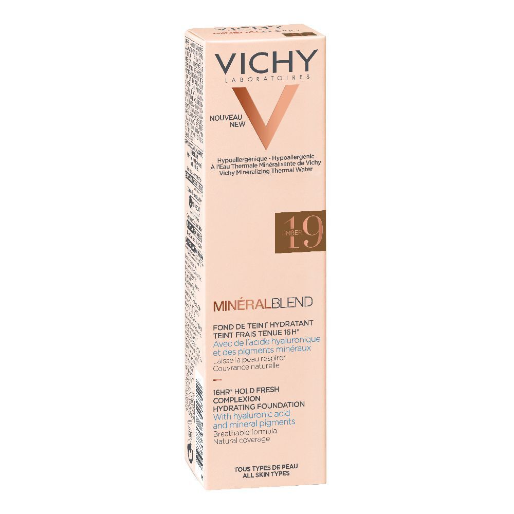 Emballage beige de fond de teint Vichy Mineralblend Nr. 19 umber. Inscriptions visibles : marque, nom du produit et informations.
