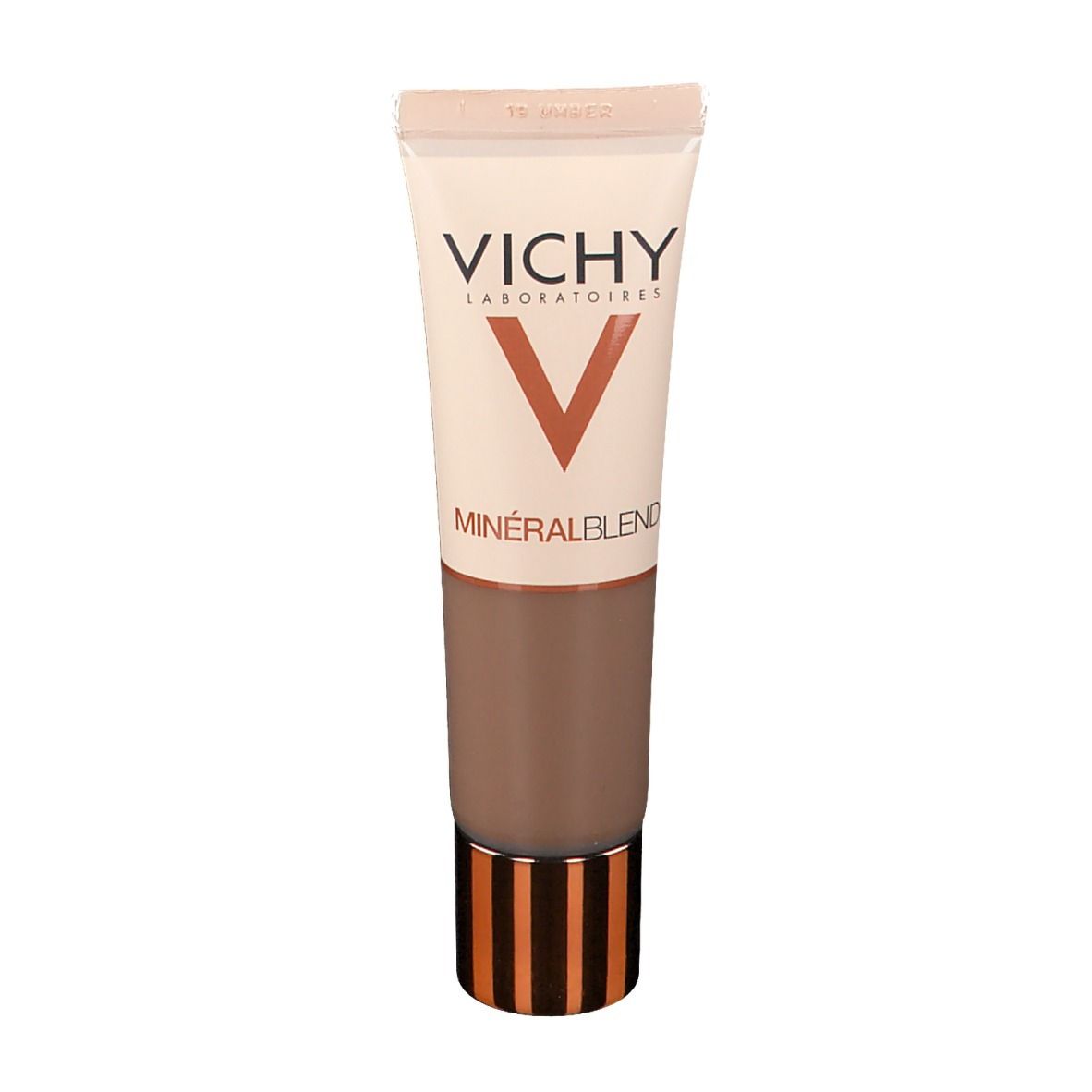 Tube de fond de teint Vichy Mineralblend Nr. 19 umber. Couleur beige-marron. Vue du produit.