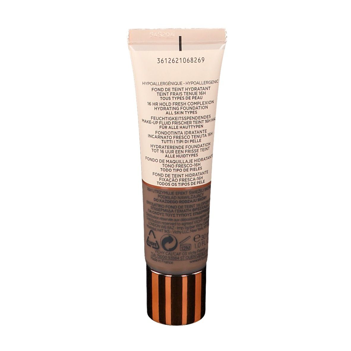 Dos du fond de teint Vichy Mineralblend Nr. 19 umber. Informations produit et code-barres. Texte et détails.