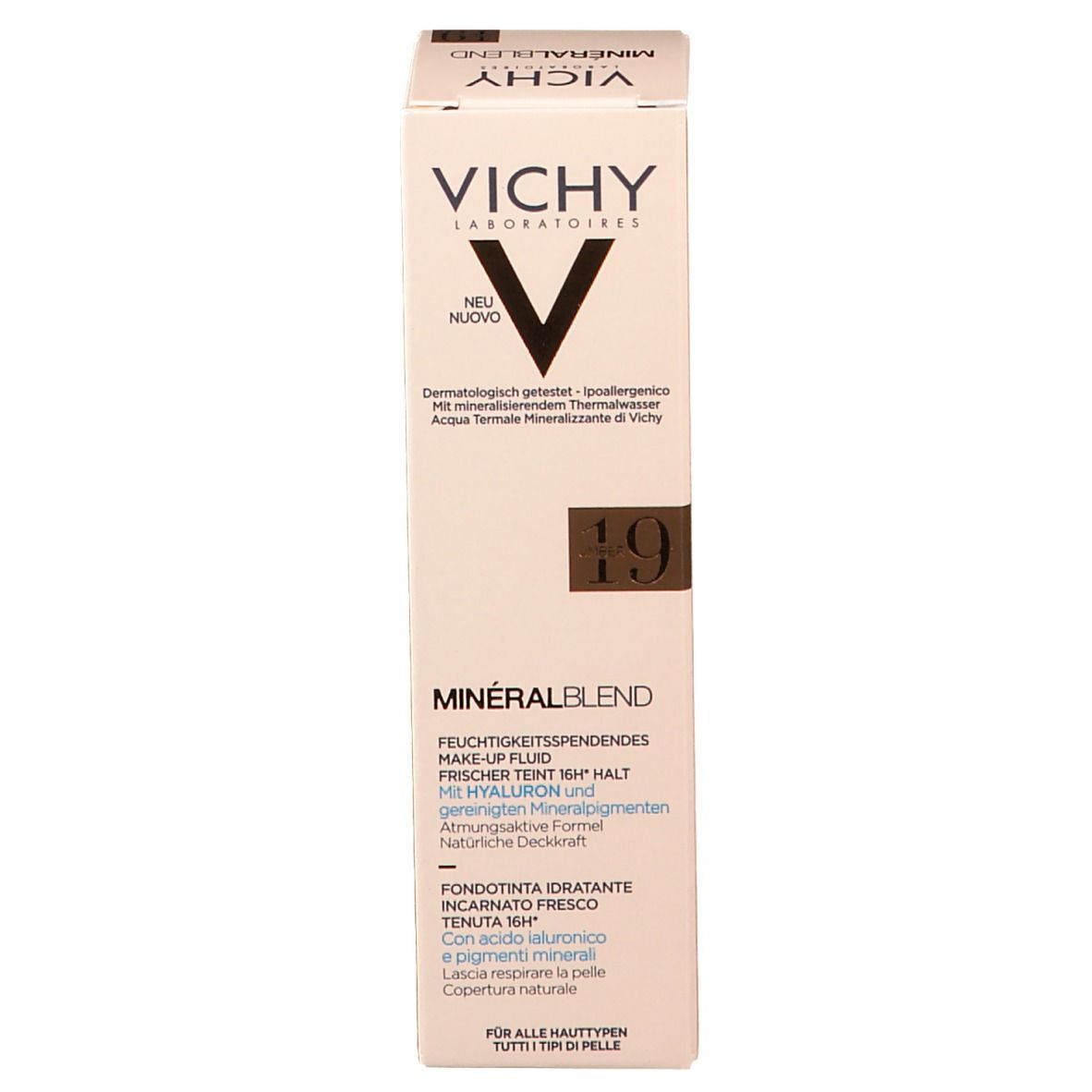Vichy Mineralblend Nr. 19 umber. Emballage. Marque et nom du produit clairement visibles. Informations produit.