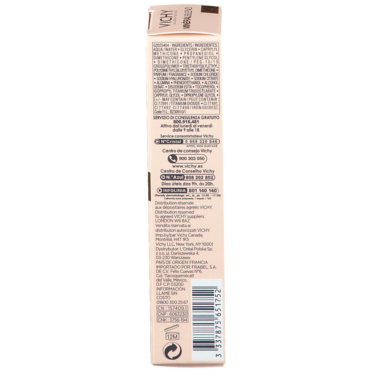 Dos de l'emballage du fond de teint Vichy Mineralblend Nr. 19 umber. Informations produit et code-barres.