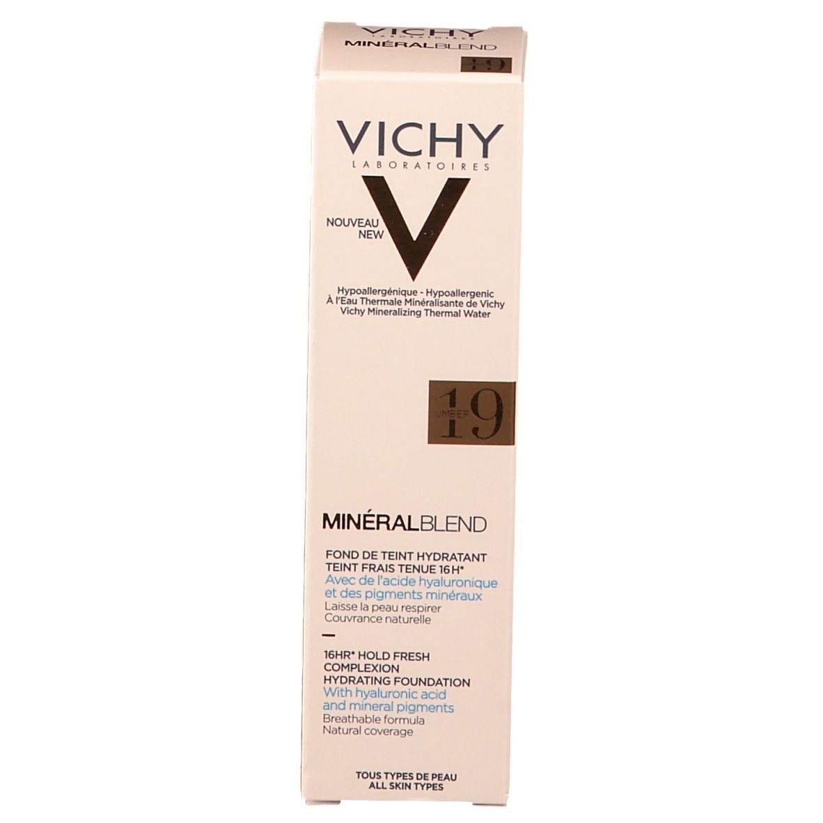 Vichy Mineralblend Nr. 19 umber. Emballage. Marque et nom du produit clairement visibles. Informations produit.