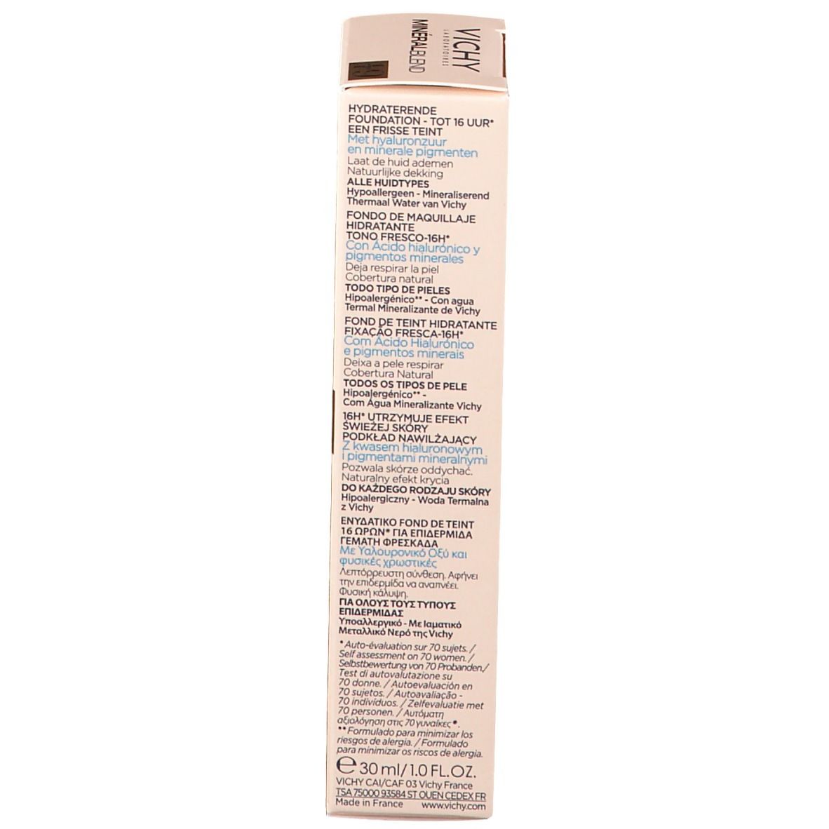 Dos de l'emballage du fond de teint Vichy Mineralblend Nr. 19 umber. Informations produit et code-barres.