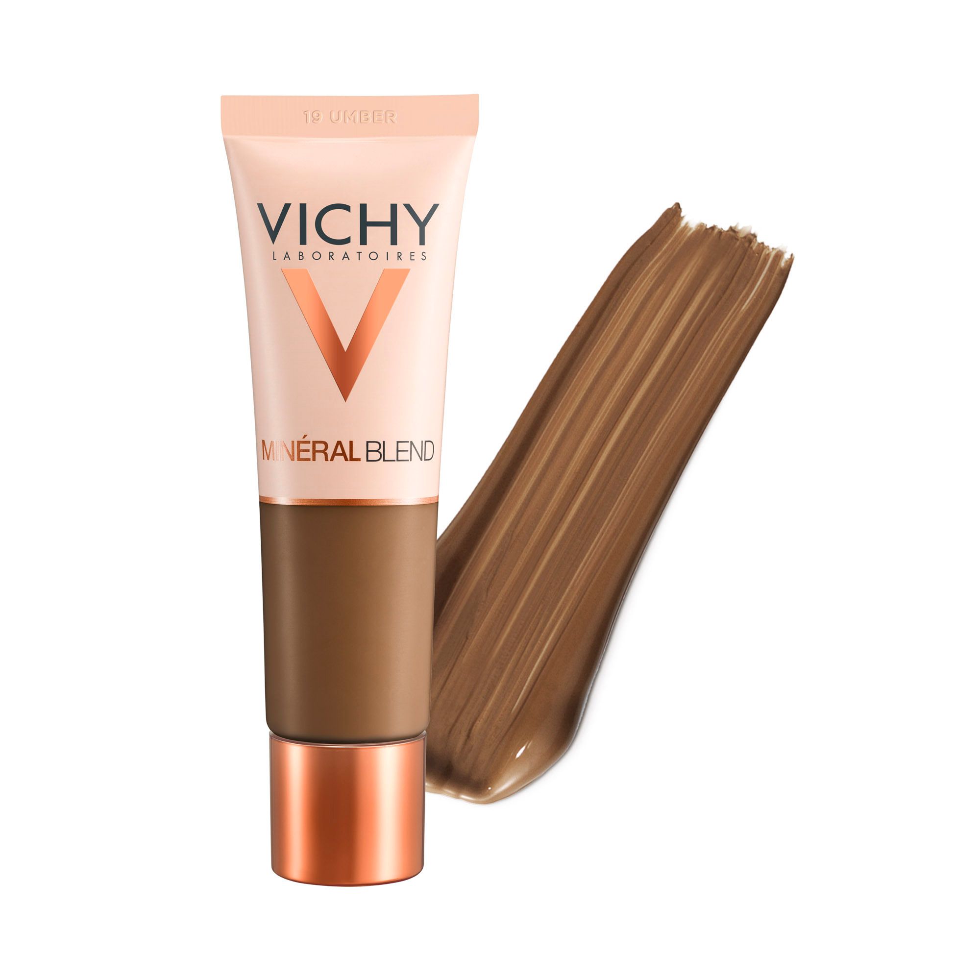 Tube de fond de teint Vichy Mineralblend Nr. 19 umber et échantillon de couleur. Marque et nom du produit visibles.