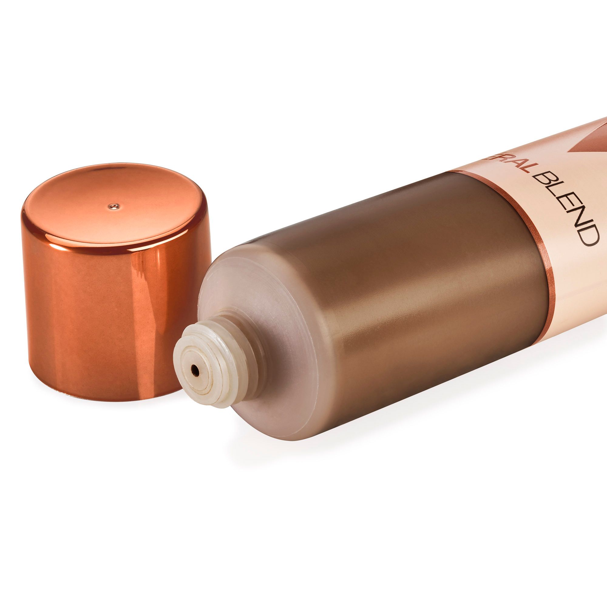Tube de fond de teint Vichy Mineralblend Nr. 19 umber ouvert. Bouchon doré. Produit visible.