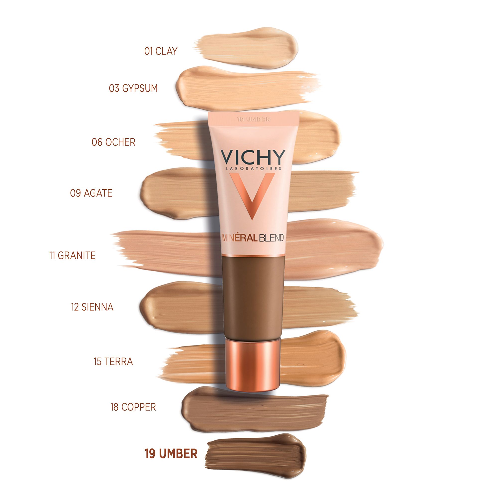 Tube de fond de teint Vichy Mineralblend Nr. 19 umber et échantillons de couleurs. Différentes teintes. Produit et choix de couleurs.