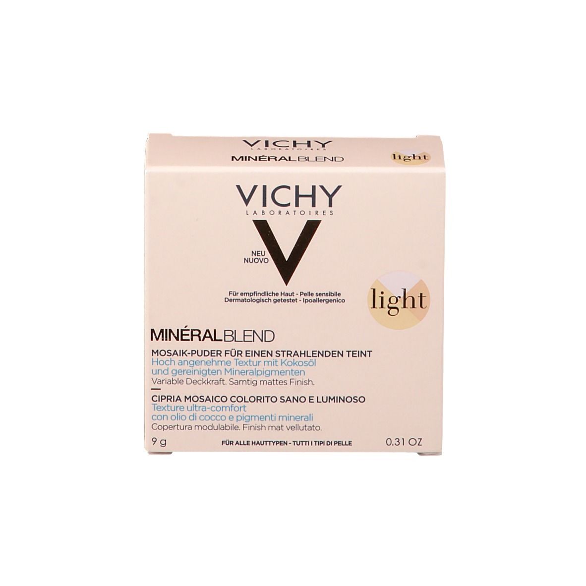 Verpackung mit VICHY, MINÉRAL BLEND, light. Puderbehälter mit Spiegel.