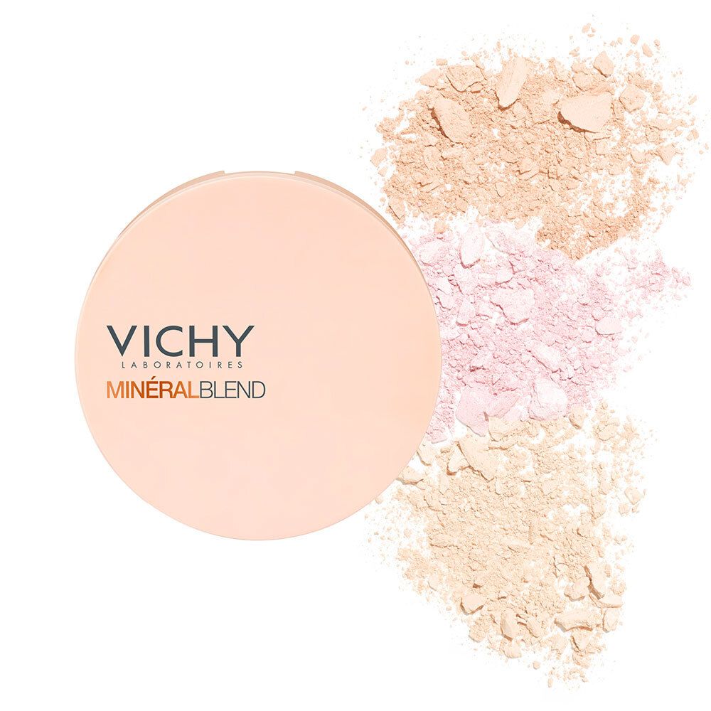 Beige Puderdose mit dem Schriftzug VICHY und MINÉRAL BLEND. Daneben drei Farbtöne Puder.