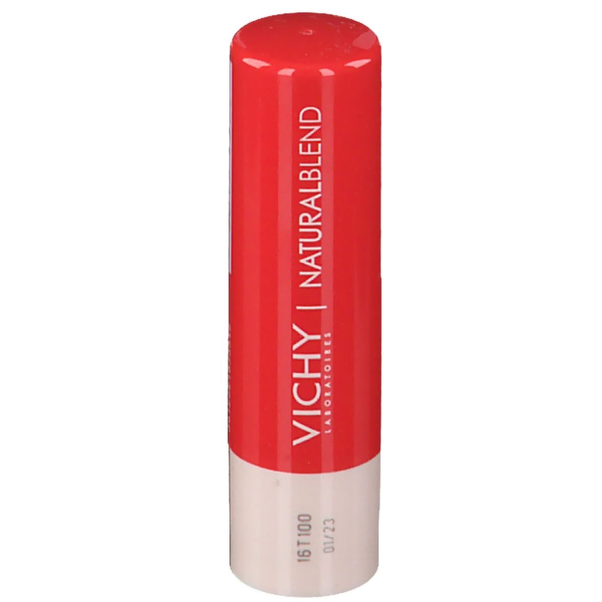 Stick di balsamo per labbra rosso con base bianca. Scritta: VICHY | NATURALBLEND. Data: 01/23.
