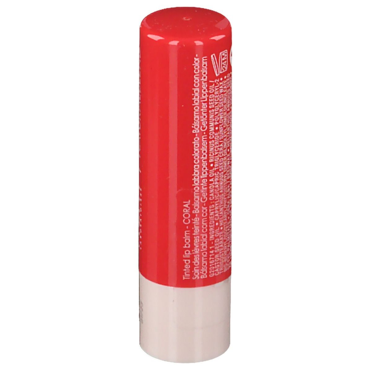 Stick di balsamo per labbra rosso con base bianca. Scritta: VICHY | NATURALBLEND. Testo: CORALLO. Ingredienti.