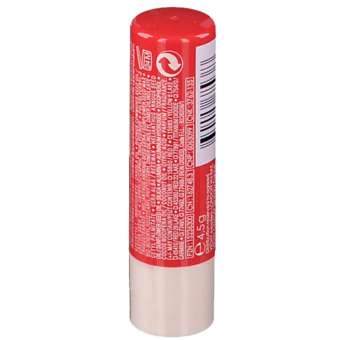 Stick di balsamo per labbra rosso con base bianca. Retro con testo e codice a barre. Peso: 4,5g.