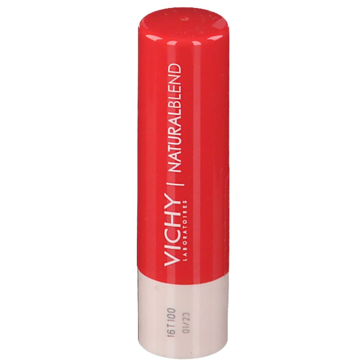 Stick di balsamo per labbra rosso con base bianca. Scritta: VICHY | NATURALBLEND. Data: 01/23.
