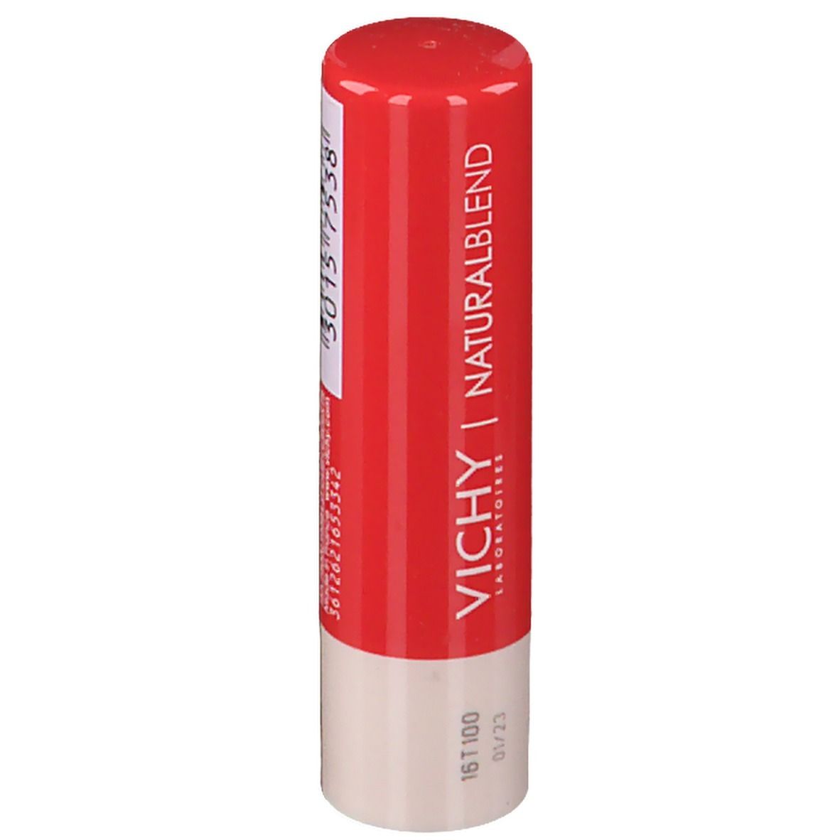 Stick di balsamo per labbra rosso con base bianca. Scritta: VICHY | NATURALBLEND. Codice a barre.