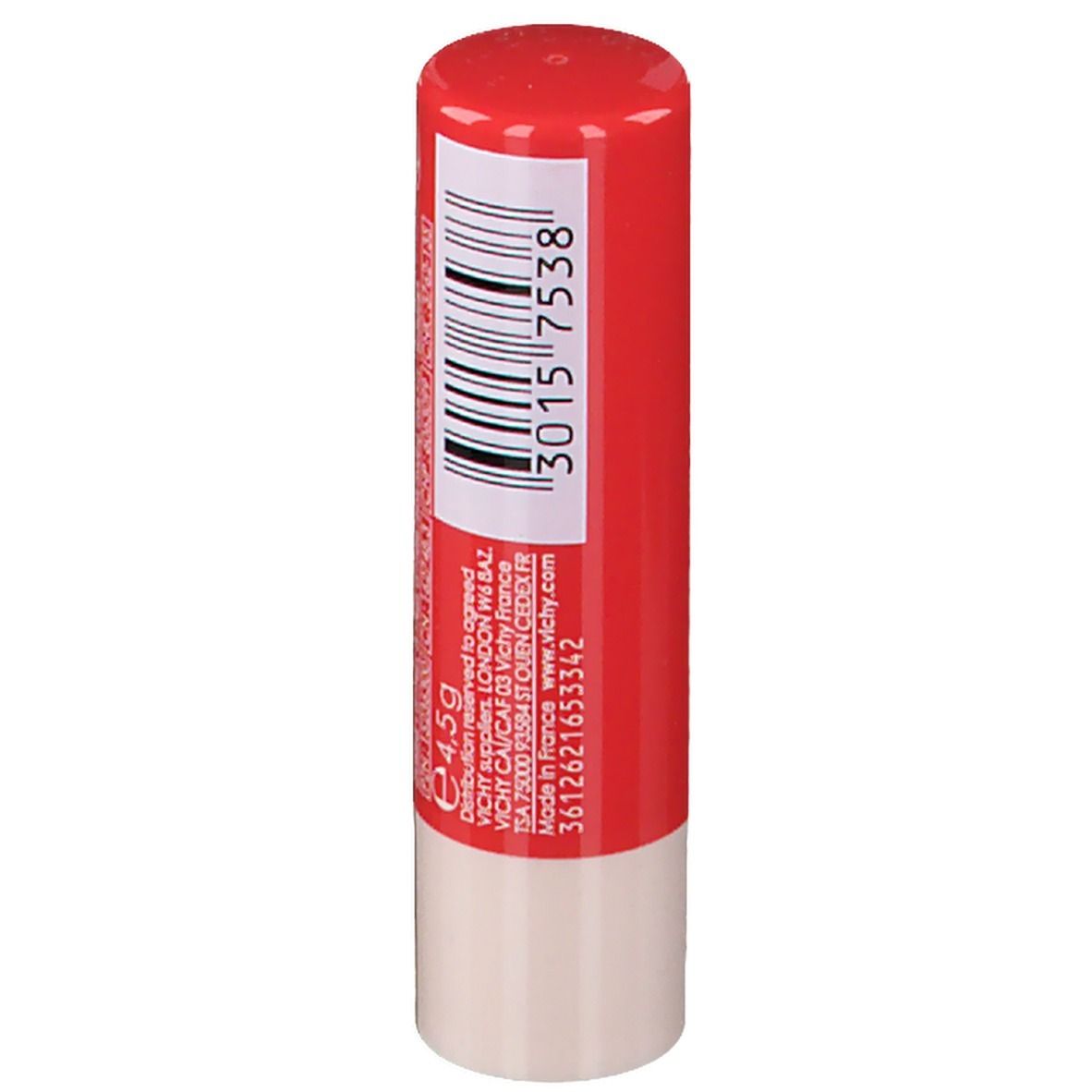 Stick di balsamo per labbra rosso con base bianca. Codice a barre e testo. Peso: 4,5g.