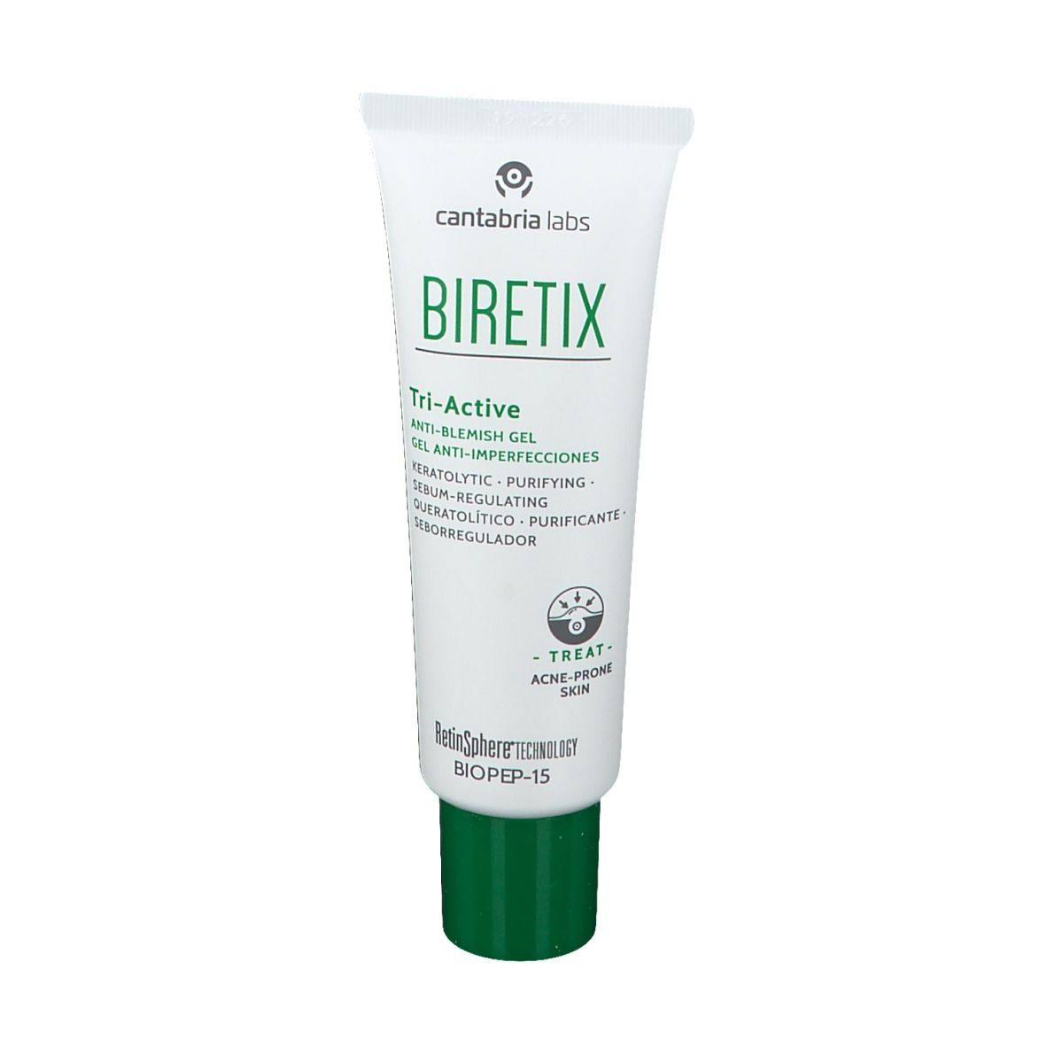 Tubo bianco con tappo verde. Scritta: BIRETIX Tri-Active, Gel Anti-Imperfezioni. Marchio: Cantabria Labs.