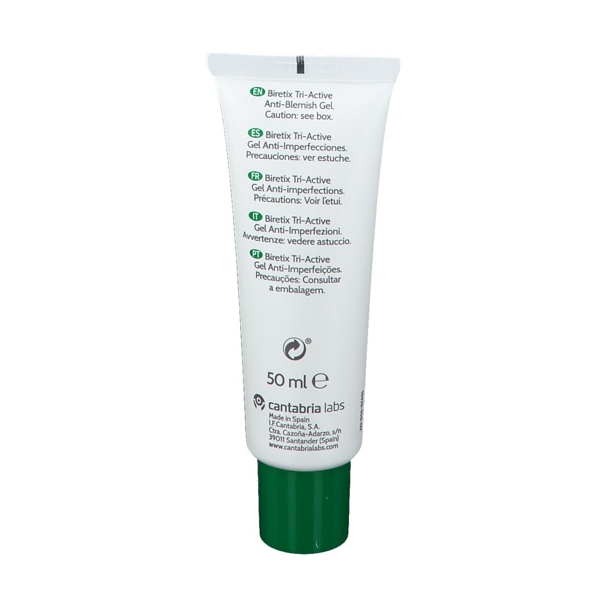 Retro del tubo. Scritta: BIRETIX Tri-Active, Gel Anti-Imperfezioni. Ingredienti e informazioni produttore.