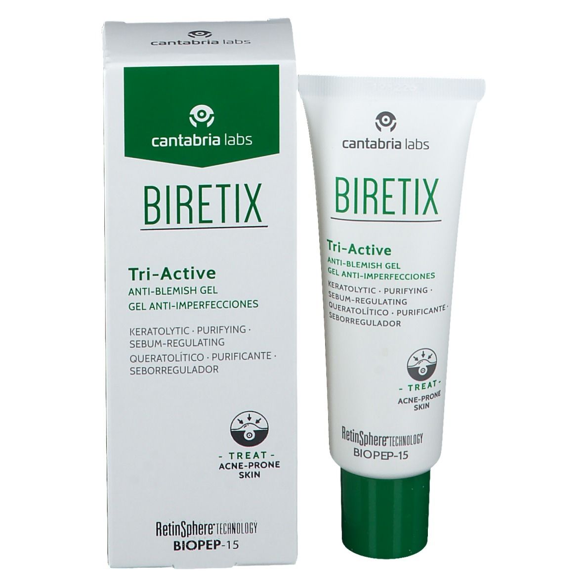 Confezione prodotto con tubo. Scritta: BIRETIX Tri-Active, Gel Anti-Imperfezioni. Marchio: Cantabria Labs. Verde e bianco.