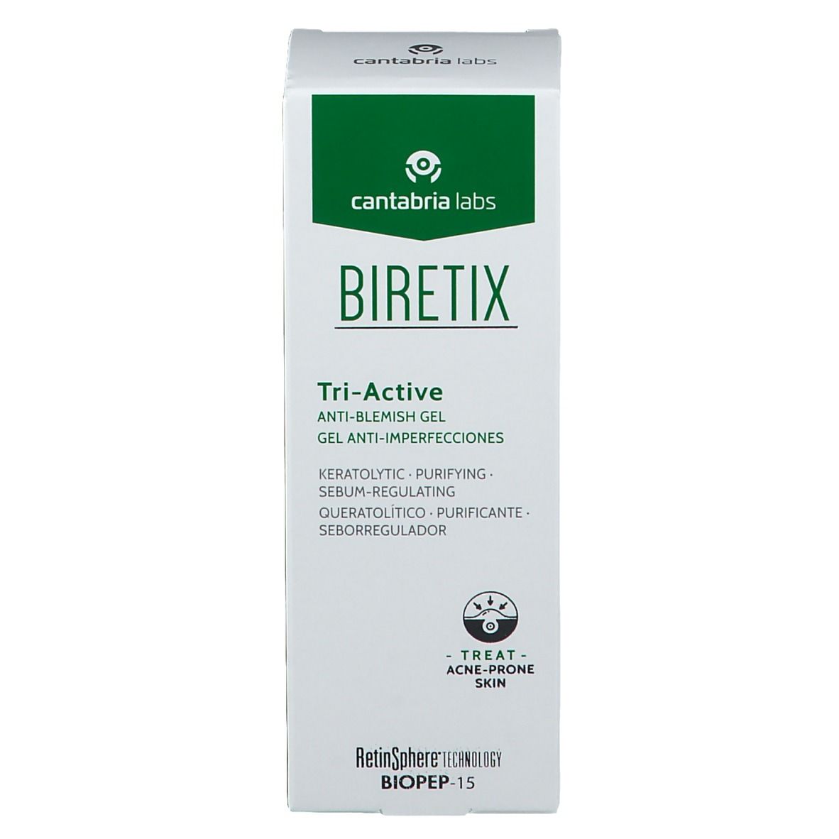 Confezione prodotto. Scritta: BIRETIX Tri-Active, Gel Anti-Imperfezioni. Marchio: Cantabria Labs. Verde e bianco.