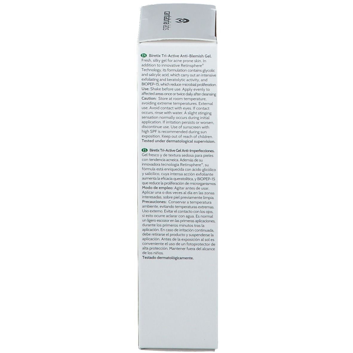 Lato della confezione. Testo: BIRETIX Tri-Active Gel Anti-Imperfezioni. Ingredienti e istruzioni per l'uso.
