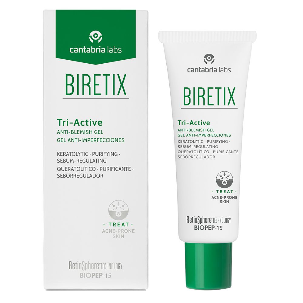 Confezione prodotto con tubo. Scritta: BIRETIX Tri-Active, Gel Anti-Imperfezioni. Marchio: Cantabria Labs. Verde e bianco.