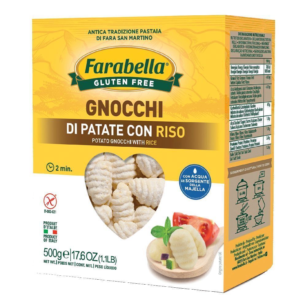 Confezione gialla Farabella Gnocchi di Patate con Riso. Finestra a forma di cuore con gnocchi. Illustrazione del prodotto.