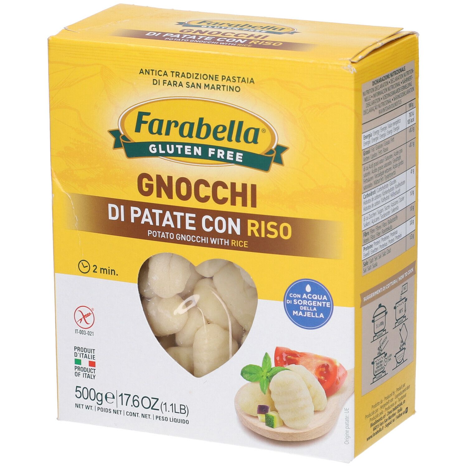 Confezione gialla Farabella Gnocchi di Patate con Riso. Finestra a forma di cuore con gnocchi. Illustrazione del prodotto.