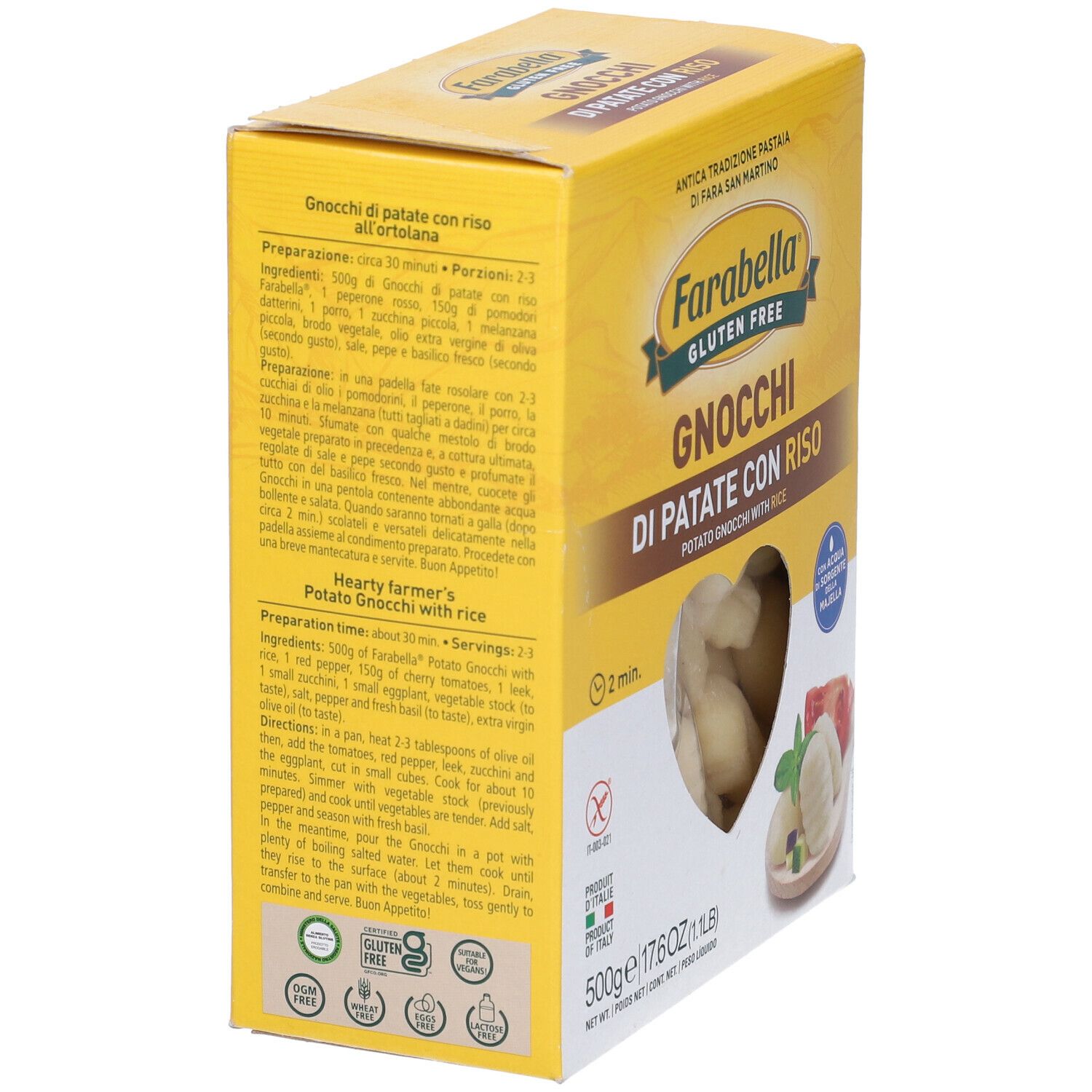 Confezione gialla Farabella Gnocchi di Patate con Riso. Testo e informazioni sul retro. Senza glutine.