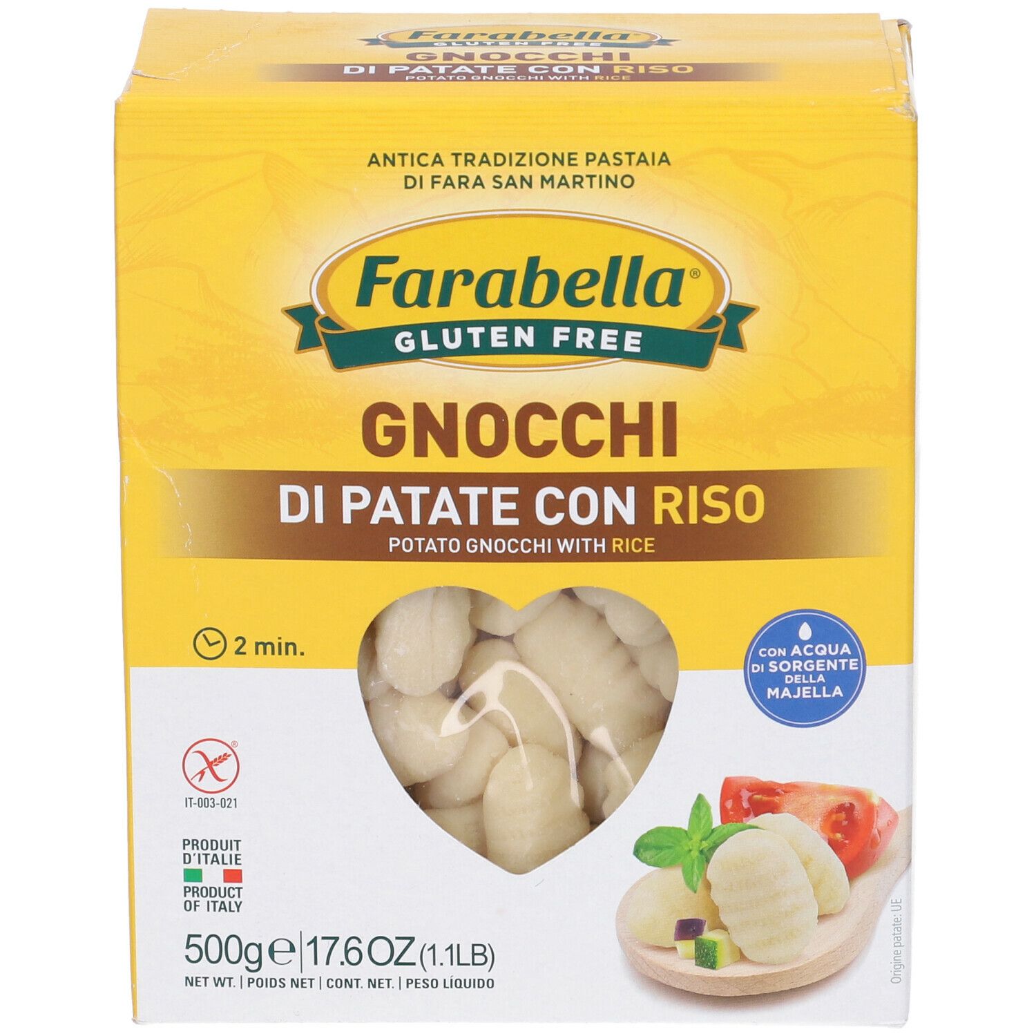 Confezione gialla Farabella Gnocchi di Patate con Riso. Finestra a forma di cuore con gnocchi. Illustrazione del prodotto.