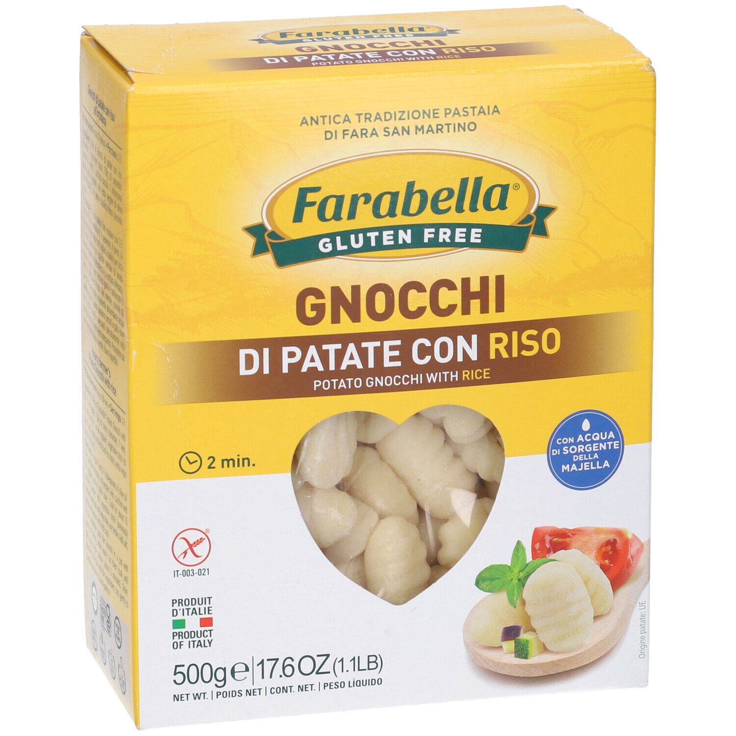 Confezione gialla Farabella Gnocchi di Patate con Riso. Finestra a forma di cuore con gnocchi. Illustrazione del prodotto.