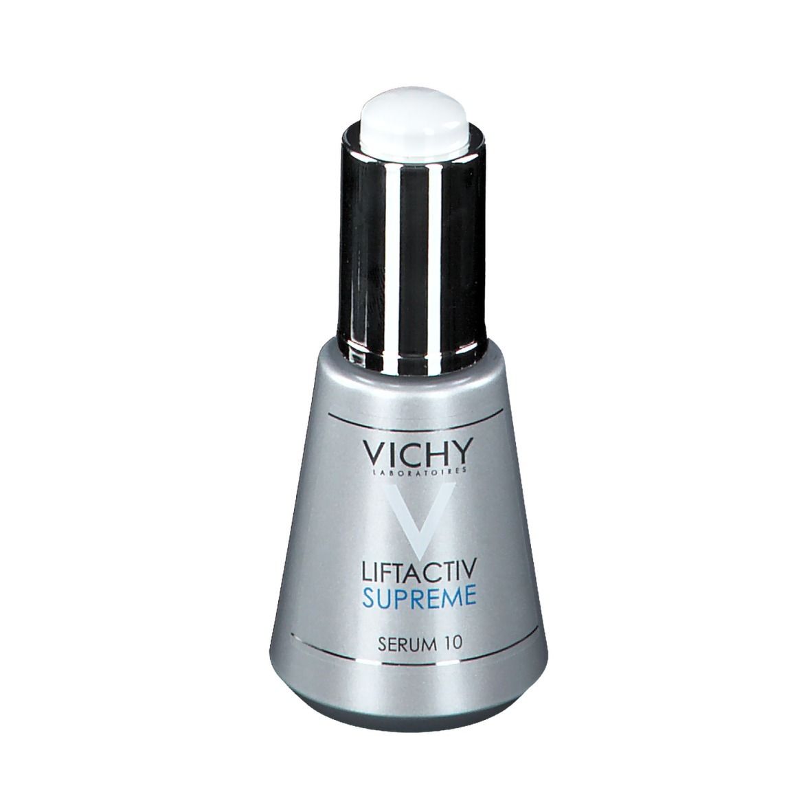 Flacone di siero argentato con tappo bianco. Scritte: VICHY, Liftactiv Supreme Serum 10.