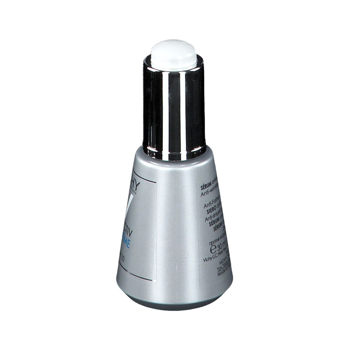 Flacone di siero argentato con tappo bianco. Scritte: VICHY, Liftactiv Supreme Serum 10.
