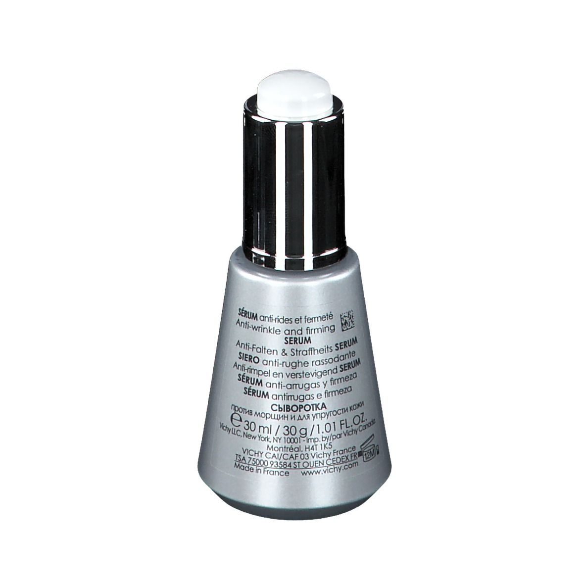 Retro di un flacone di siero. Testo: Siero anti-rughe e rassodante. In più lingue. Volume: 30 ml.