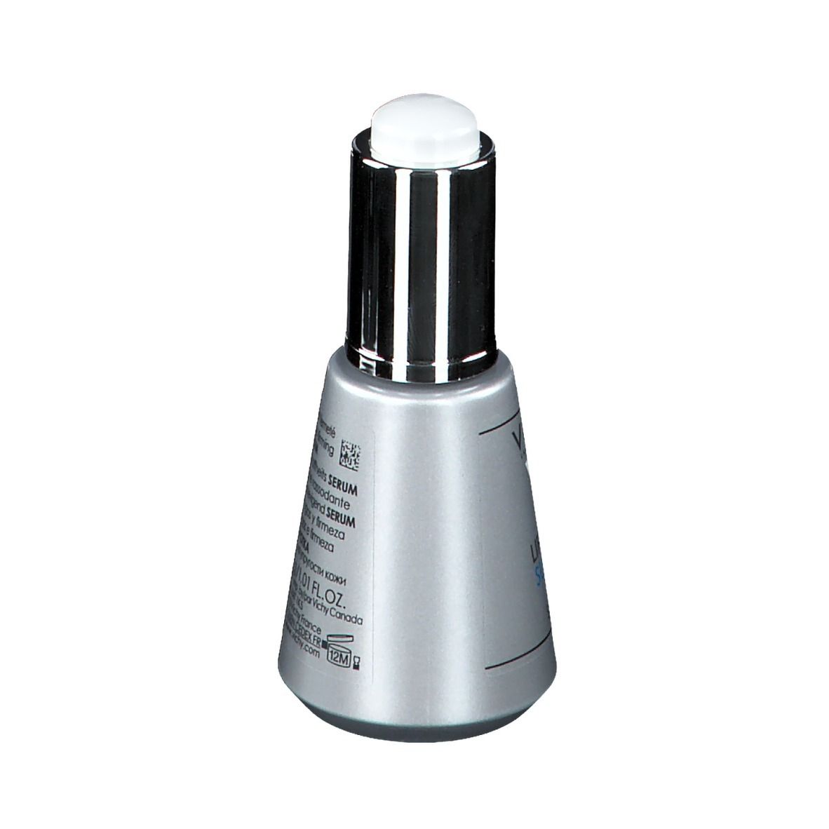 Retro di un flacone di siero. Testo: Siero anti-rughe e rassodante. In più lingue. Volume: 30 ml.