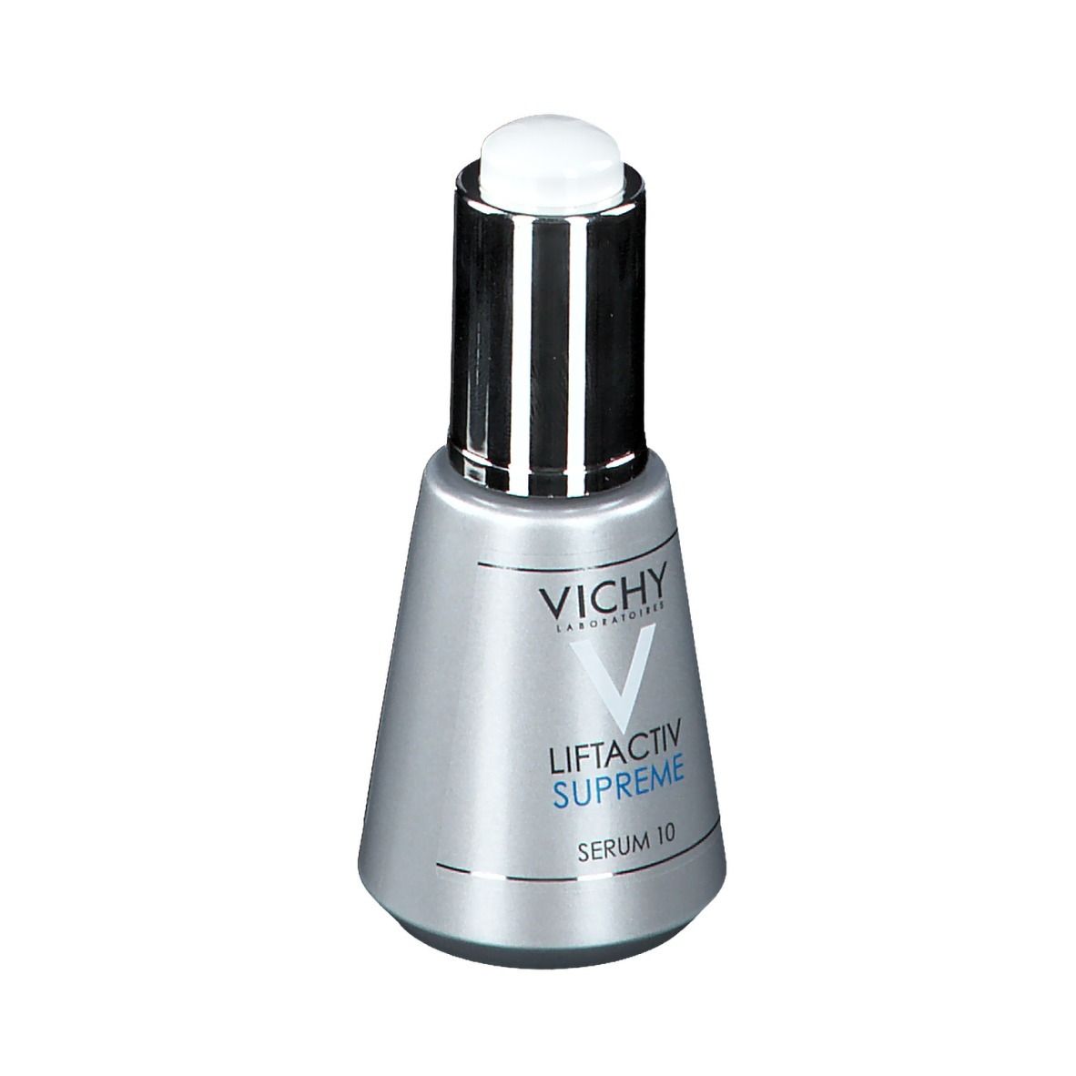 Flacone di siero argentato con tappo bianco. Scritte: VICHY, Liftactiv Supreme Serum 10.