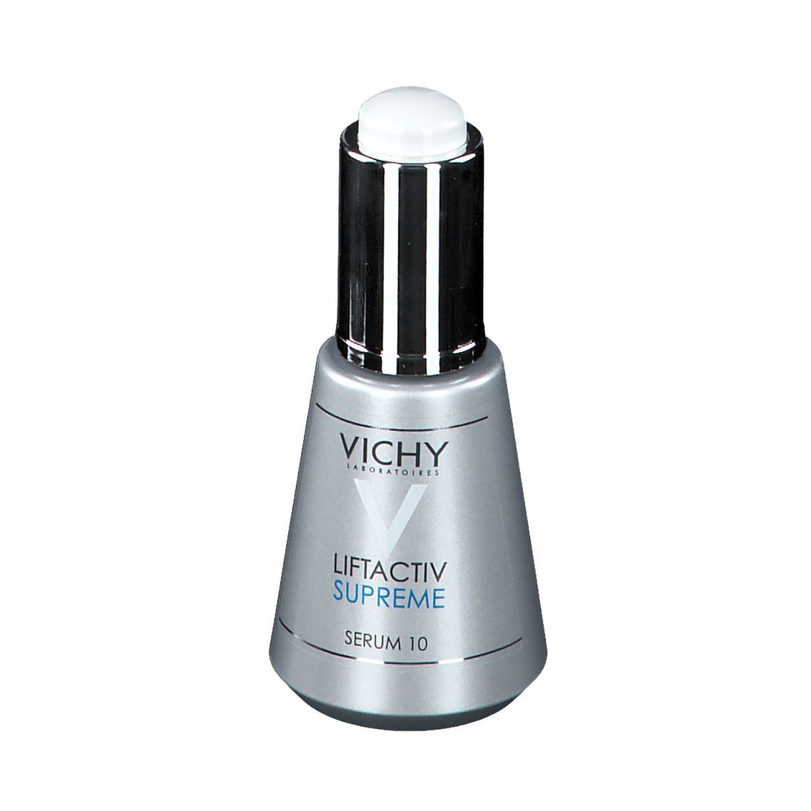 Flacone di siero argentato con tappo bianco. Scritte: VICHY, Liftactiv Supreme Serum 10.